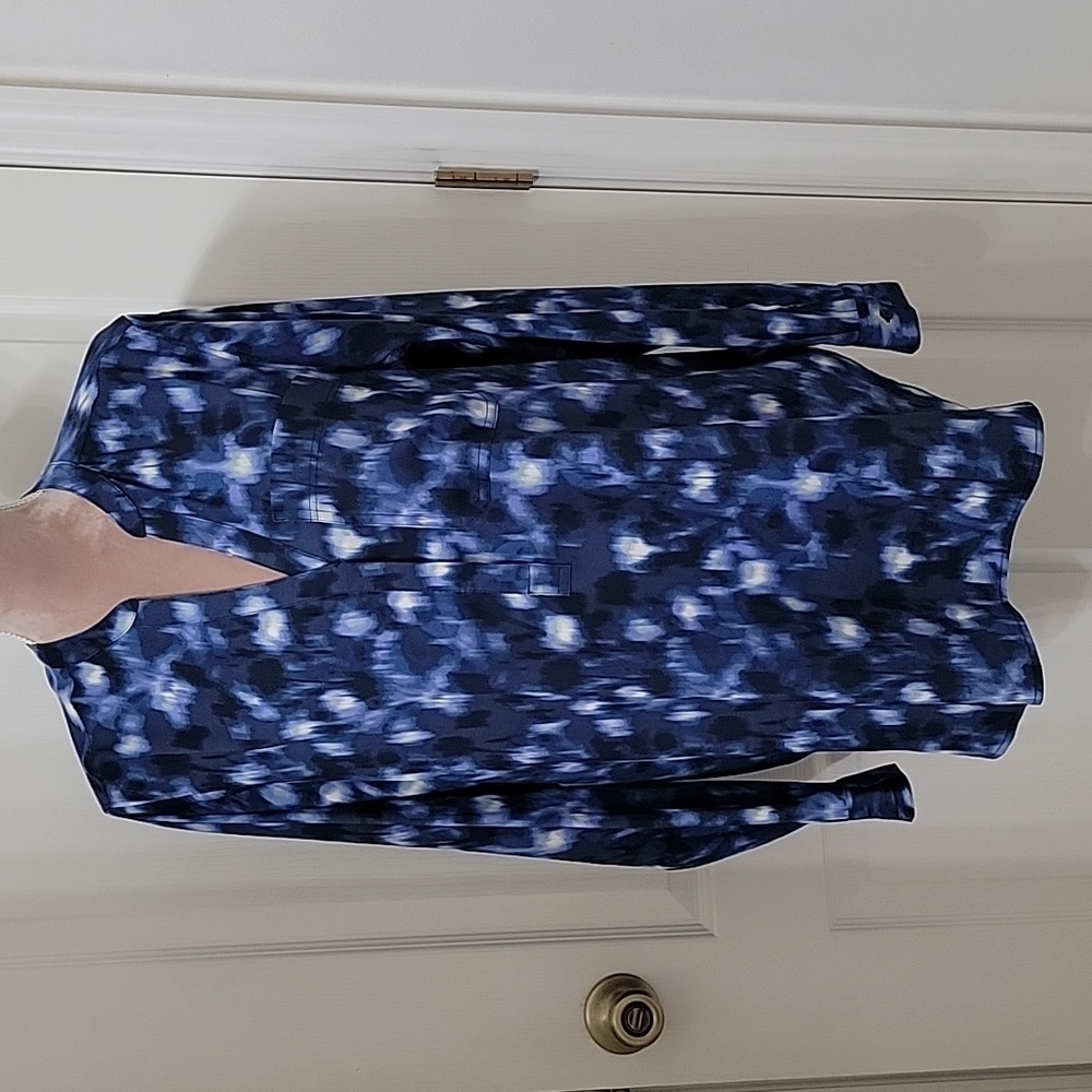 Daily Ritual Size XL Blue White "Smeared" Pattern Popover Long Sleeve Blouse
